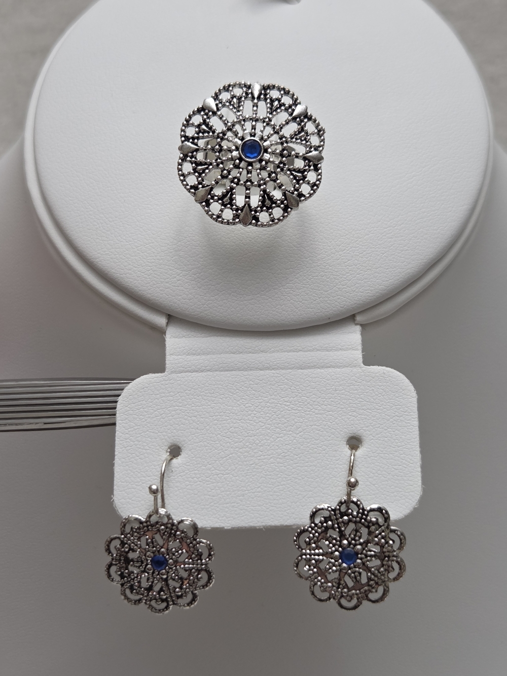 Silver Toned Floral Filigree Earrings & Adjustable Ring with Blue Accent Set